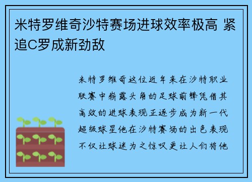 米特罗维奇沙特赛场进球效率极高 紧追C罗成新劲敌 米特罗维奇沙特赛场进球效率极高 紧追C罗成新劲敌