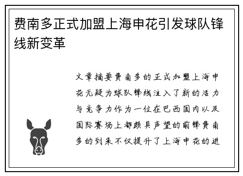 费南多正式加盟上海申花引发球队锋线新变革 费南多正式加盟上海申花引发球队锋线新变革